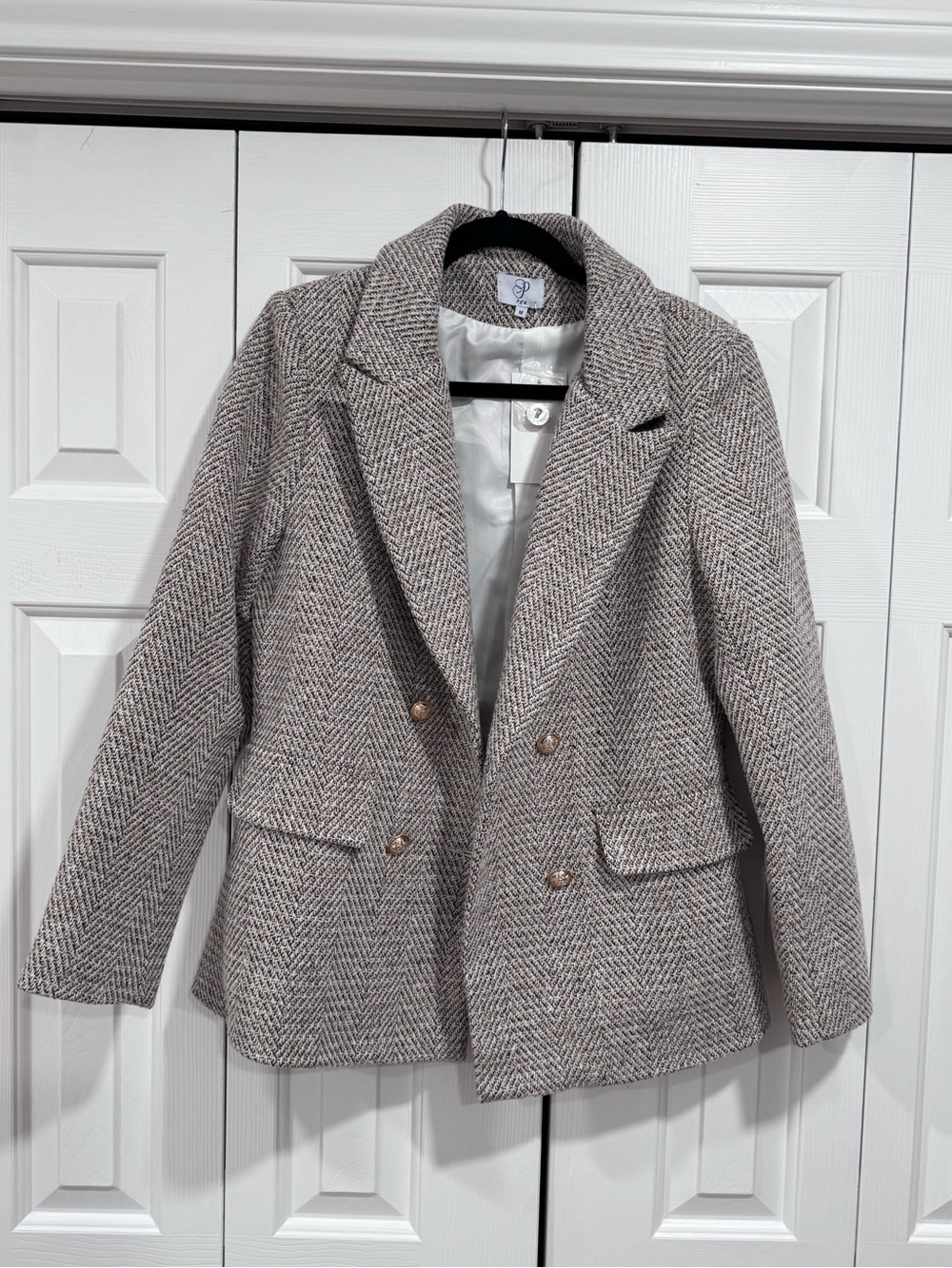 Herringbone Double-Breasted Blazer Jacket - Neutral Gray
